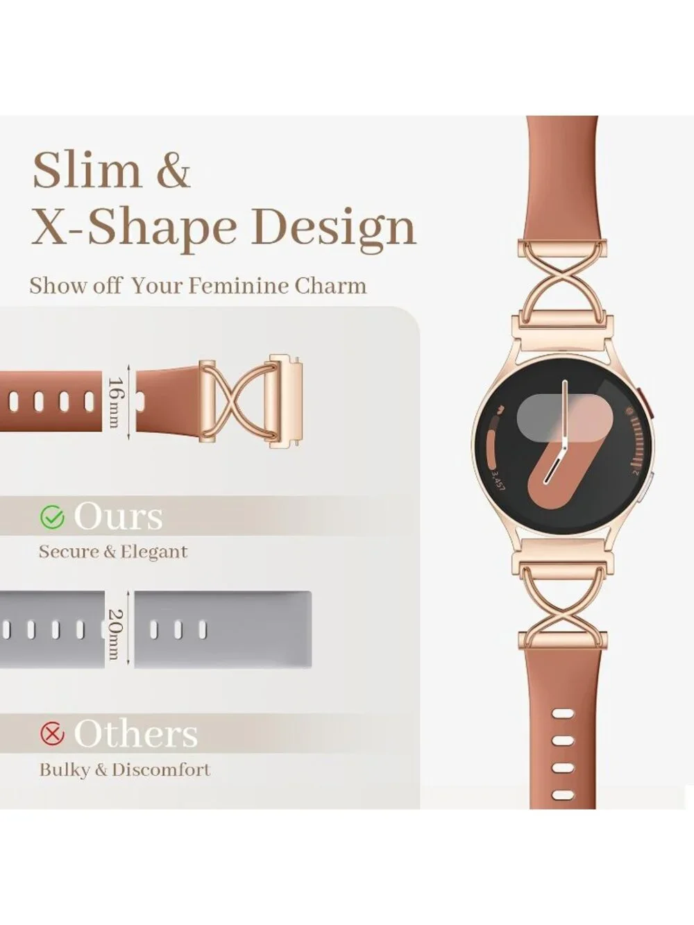 Women's Brown Skinny Charms X-Shaped Soft Slim Silicone Bands Compatible Watch